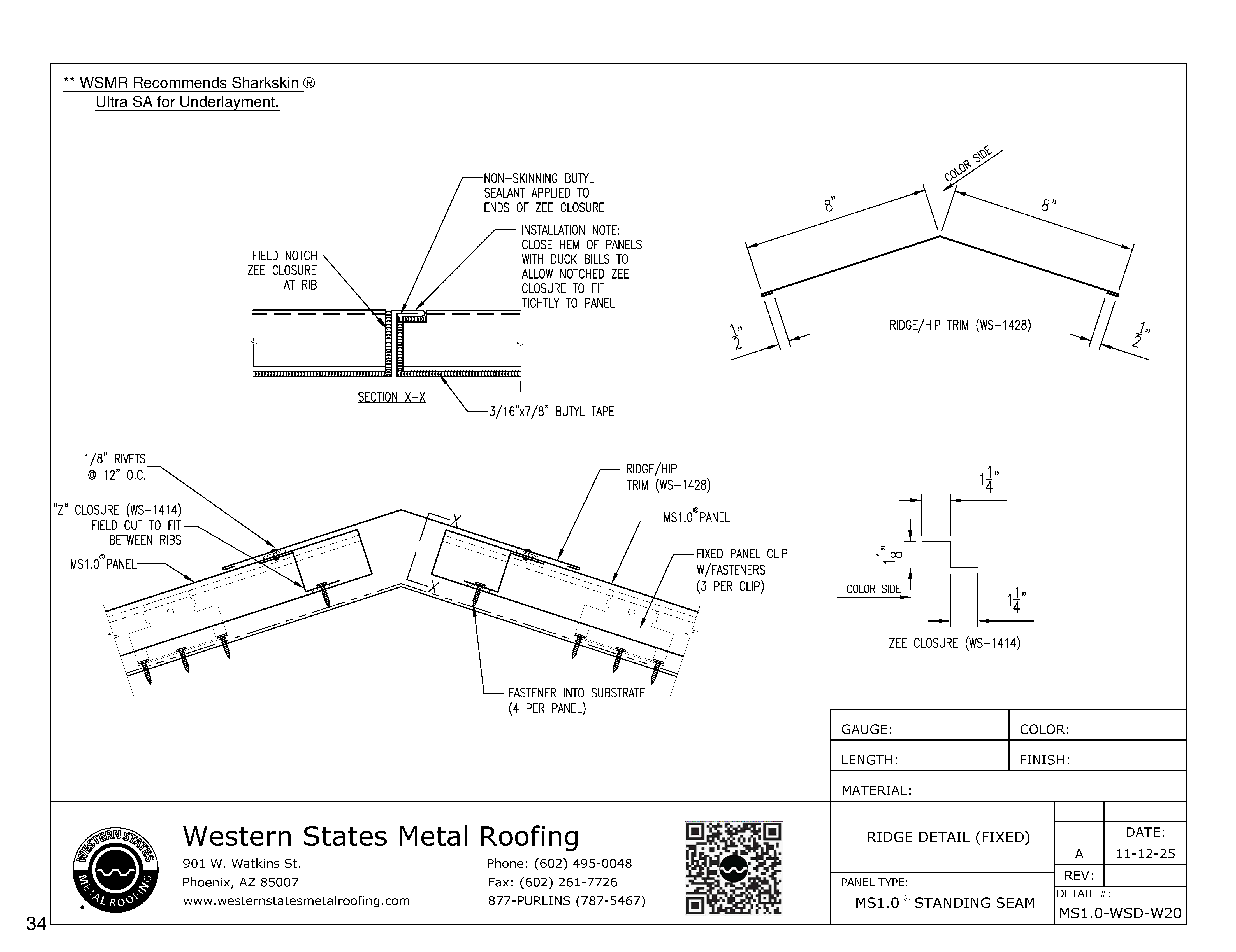 Fixed Ridge Cap with Hems | MS1 Mechanical Seam Roofing | Part #WS-1428