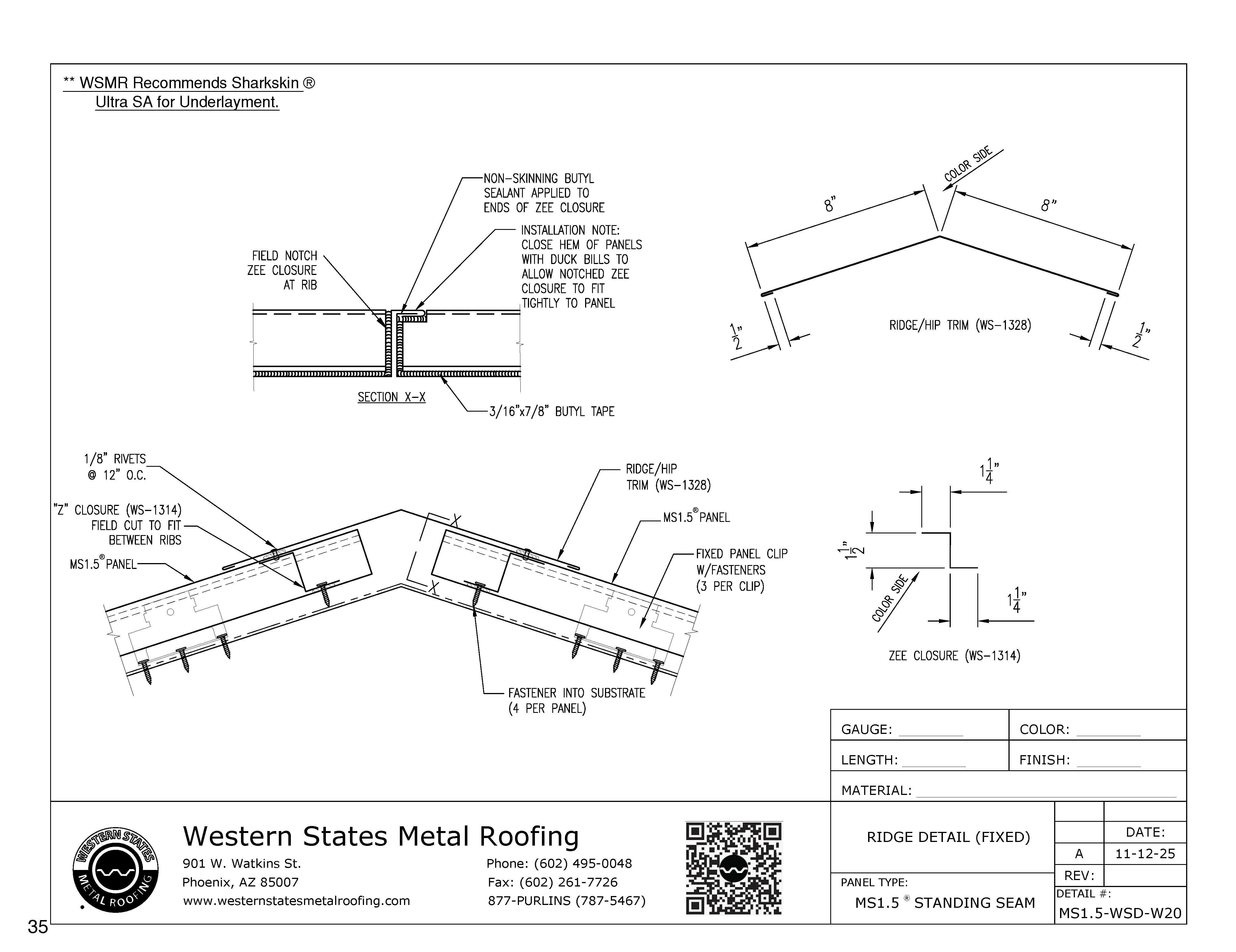 Fixed Ridge Cap with Hems | MS1.5 Mechanical Seam Roofing | Part #WS-1328